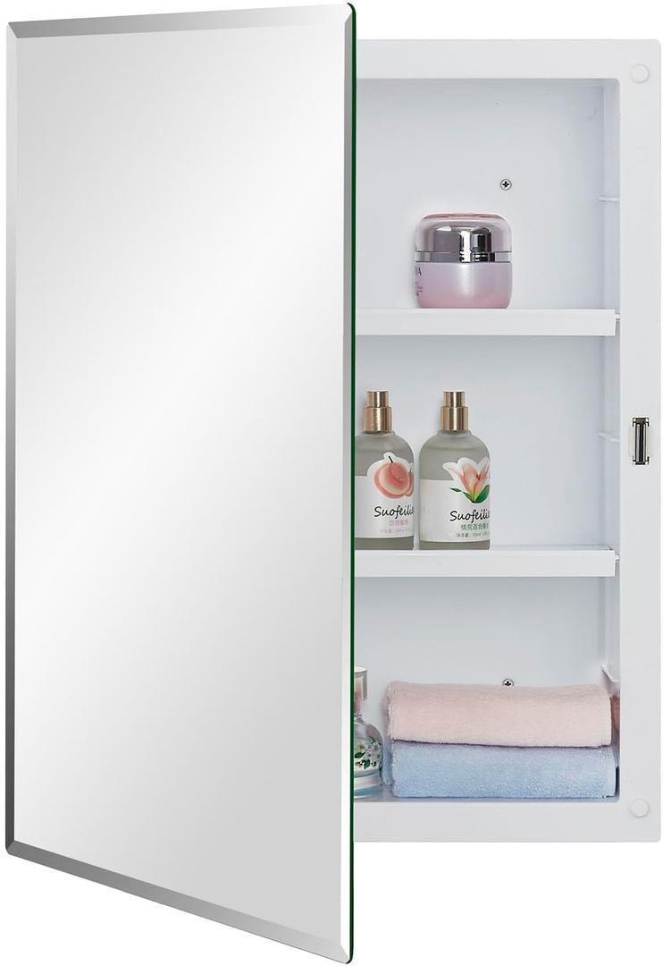 IDYLLOR Plastic Medicine Mirror Cabinet for Bathroom 16 x 20 inch, Surface and Recessed Mount, 16x20 inch Beveled Edge Mirror