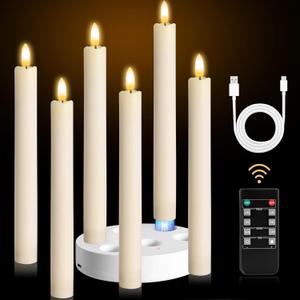 YAUNGEL Rechargeable Flameless Taper Candles, Real Wax Flickering Candlesticks with Charging Station, 3D Flame LED Battery Operated Candles with Remote&Timer for Christmas Wedding Home Decor, 6 Pcs