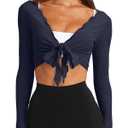 LASLULU Womens Tie Front Pilates Wrap Top Long Sleeve Workout Tops Bolero Shrugs Crop Cardigan Yoga Ballet Cover up Tops Pilates Outfits (Navy Blue, X-Large)