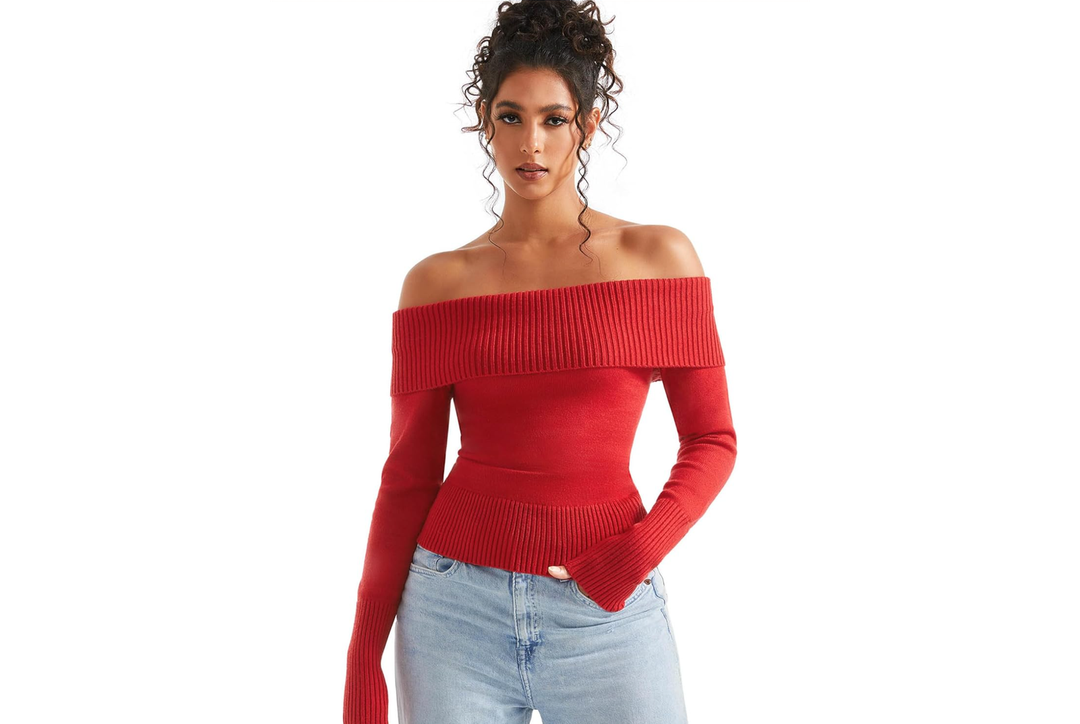 Women Off Shoulder Sweaters Long Sleeve Ribbed Knit Going Out Fall Tops Blouse, Red, Size Medium, Red 