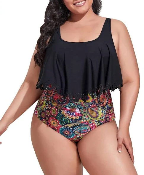 Mooncore Womens Plus Size Swimsuit High Waisted Tankini Bathing Suits Two Piece Flounce Bikini Swimsuit 2XL