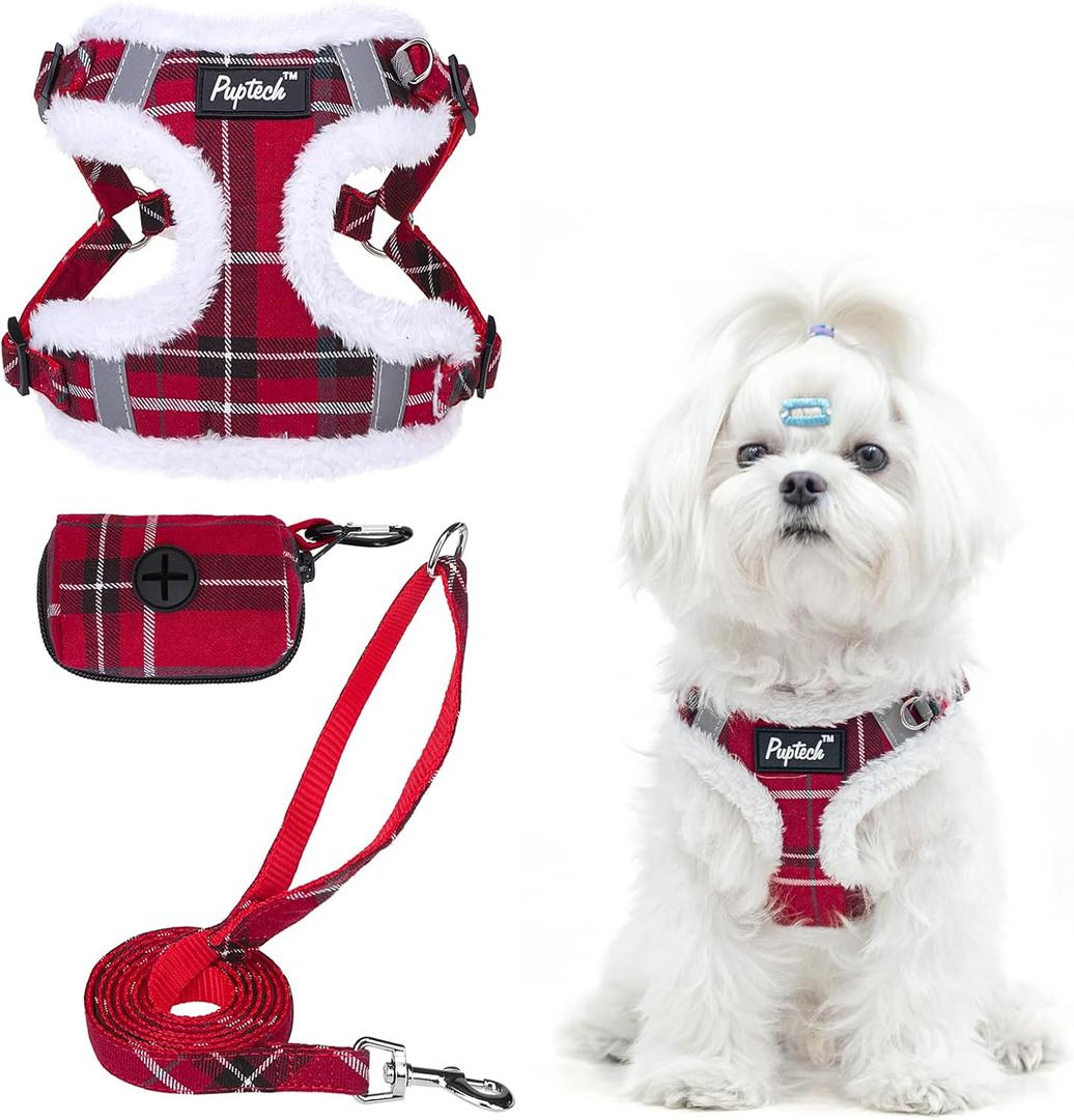 PUPTECK Dog Harness and Leash Set Small Sized, Step in No Pull Adjustable Puppy Cat Harness Reflective Pet Vest (XS (9-13lbs, Chest 14"-16"), #3 Red(Plush Plaid))