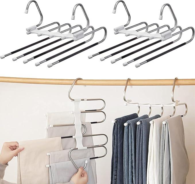 Space Saving Pants Hangers with Metal Clips, 2 Pack, Multi-Layer Closet Organizer for Trousers and Scarves