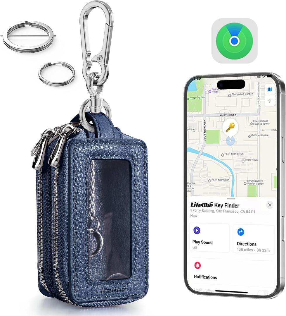Universal Car Key Fob Key Finder Built-in Anti-Loss Tracker, Premium PU Leather Car Key fob Holder, Keychain Key Fob Cover with Double Layer, Transparent Window, Hook, More Key Rings (Navy Blue)