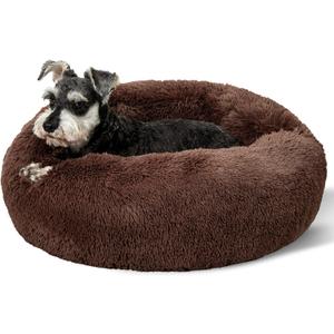 Bedsure Calming Dog Bed for Small Dogs - Donut Washable Small Pet Bed, 23 inches Anti-Slip Round Fluffy Plush Faux Fur Large Cat Bed, Fits up to 25 lbs Pets, Coffee