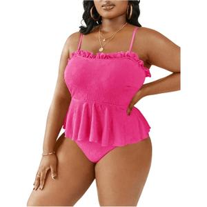 MakeMeChic Women's Plus Size 2 Piece Tankini Sets Textured Frill Trim Ruffle High Waist Swimsuit Bathing Suit, 1XL