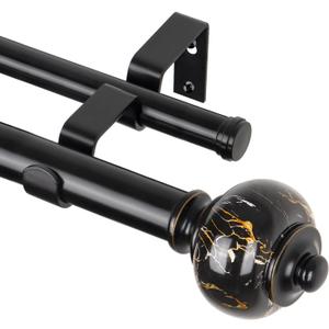 KAMANINA 1 Inch Double Curtain Rod 66 to 120 Inches (5.5-10ft), Black Telescoping Curtain Rods for Windows 54 to 115 inches, Heavy Duty Dual Drapery Rods with Marbled Finials