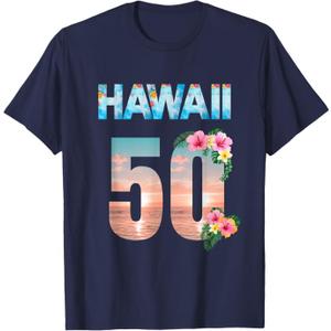 Hawaii 50th Birthday Hawaiian Aloha Beach Hibiscus T-Shirt, M 
