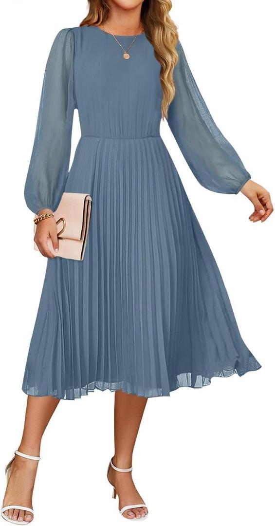 ZESICA Women's Fall Long Sleeve Dresses 2026 Casual Crewneck Chiffon Swing Pleated A Line Cocktail Party Midi Dress (Medium)