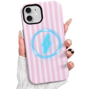 TKJSQ Magnetic for iPhone 14 Phone Case, Cute Striped Pattern Aesthetic Gloss Design, Stylish Shockproof Soft TPU and Hard PC 2-in-1 Protective Cover for iPhone 14, Pink