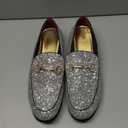 COSIDRAM Men's Glitter Dress Shoes Metallic Sequins Tuxedo Luxury Gold Buckle Loafers Slip-on Wedding Party Shoes Silver, Size: 11