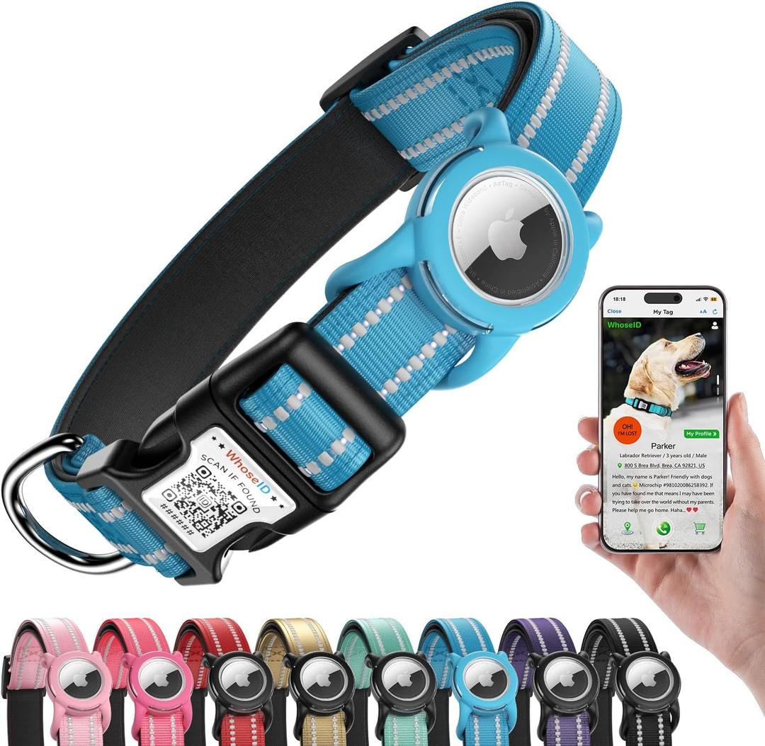 Airtag Dog Collar with QR Code, Reflective Dog Collar with Airtag Holder, Soft Padded & Safety Locking Buckle Adjustable Pet Collar for Medium Dogs (Blue)