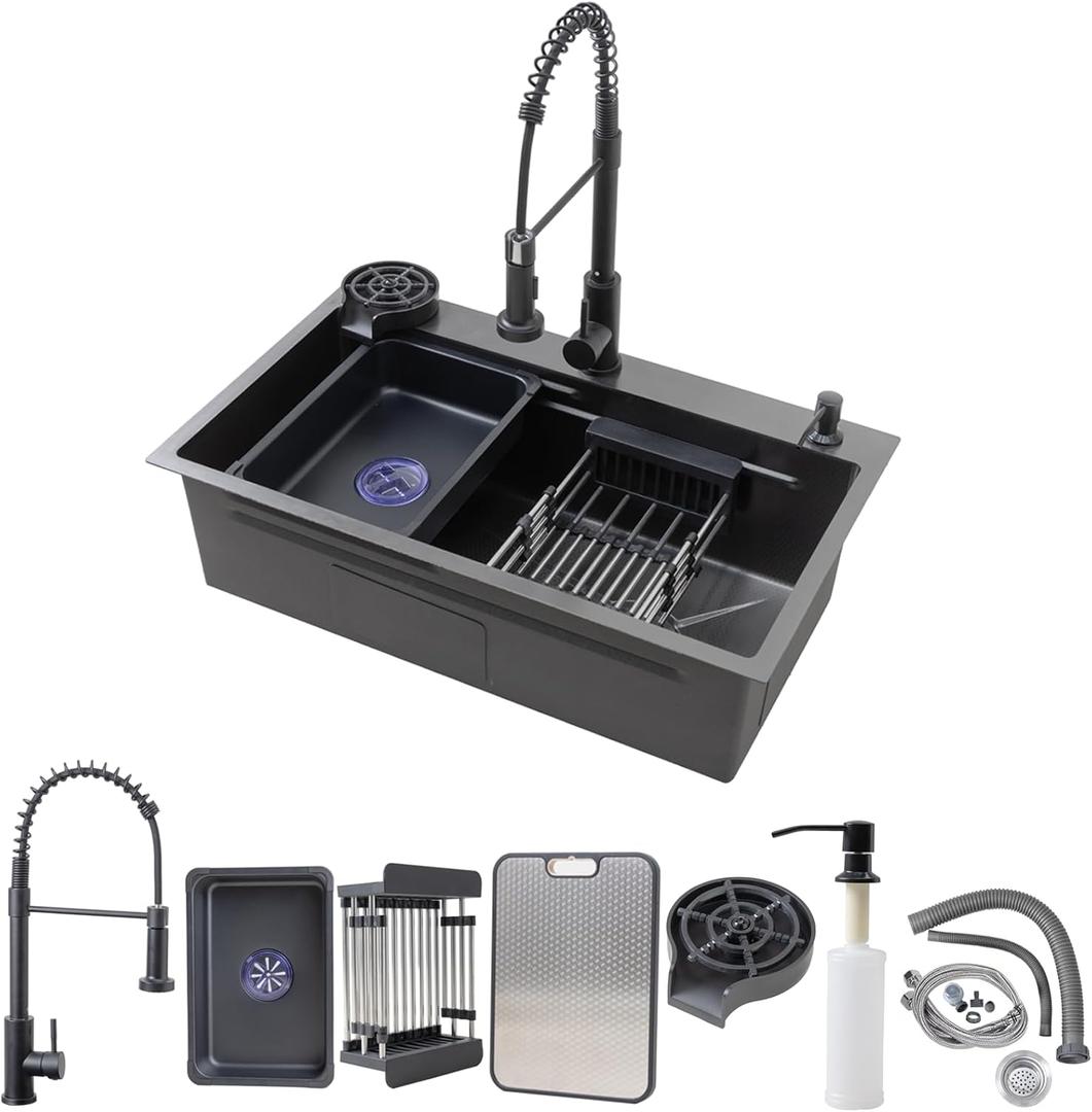 31.5 x 17.7 inch Black Stainless Steel Kitchen Sink with Cup Washer, Single Bowl Kitchen Sinks Workstation with Spring Pull-Down Faucet, Soap Dispenser