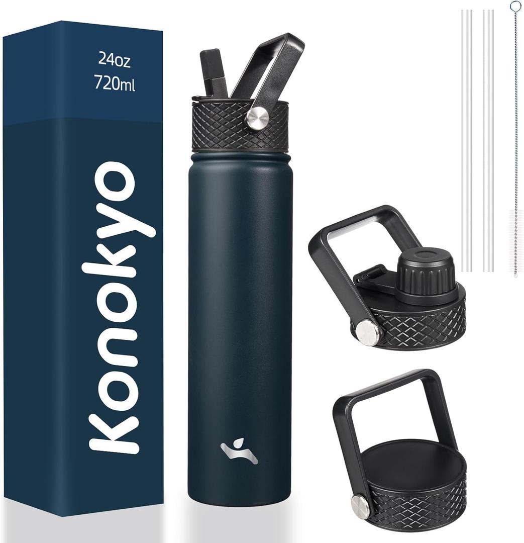 Insulated Water Bottle 24oz Stainless Steel Sport Bottles with 3 Lids, Navy Blue