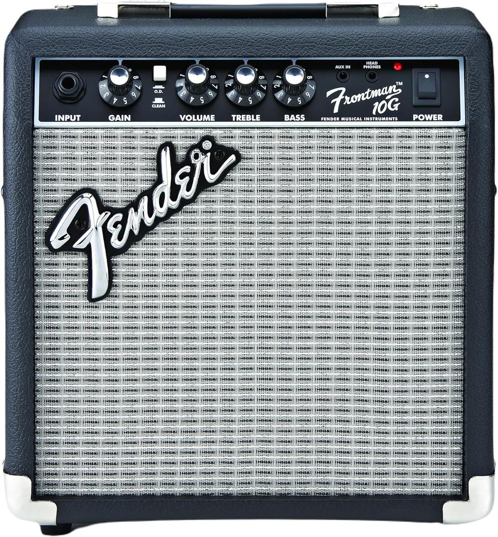 Fender Frontman 10G Electric Guitar Amplifier, 10-Watt Practice Amp with 6" Speaker, Built-in Overdrive, Headphone Jack & Aux Input, Black/Silver
