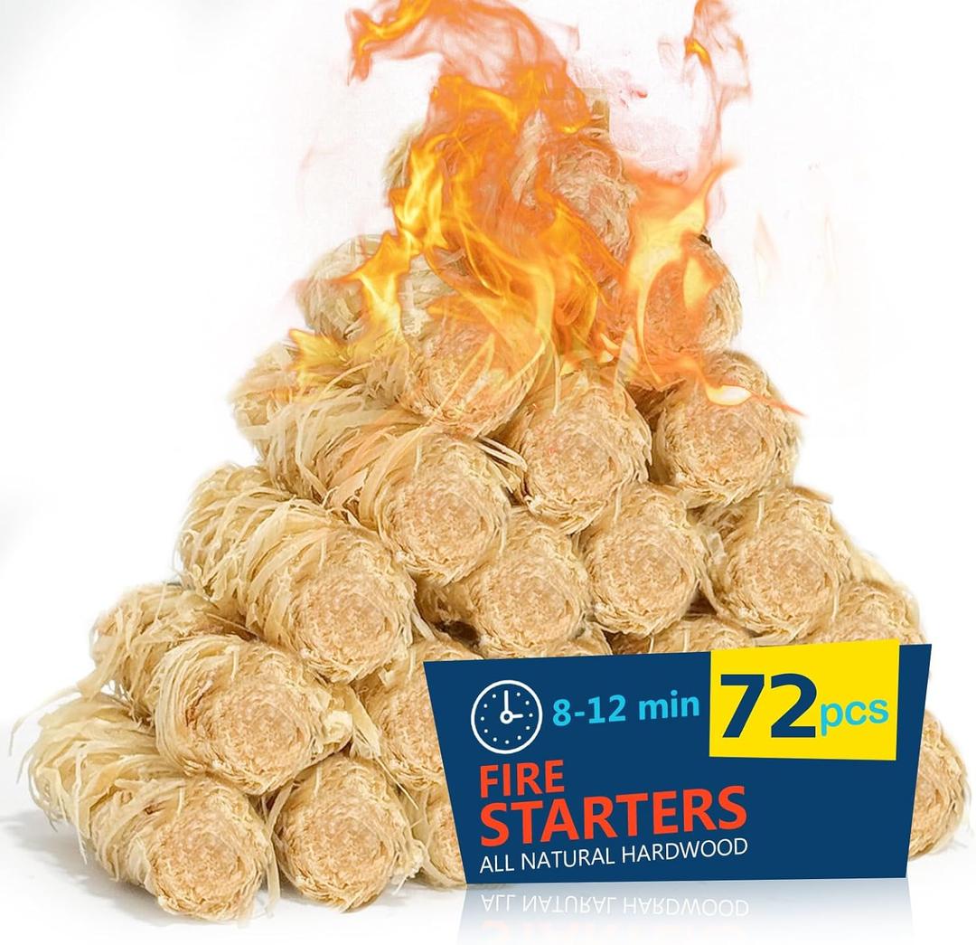 Fire Starter 72Pcs - Extra Long 12min Natural Fire Starters for Grill, Fireplace, Camping & Survival Kit | Waterproof, Odorless, Safe for BBQ/Pizza Oven/Chimney (Indoor & Outdoor)