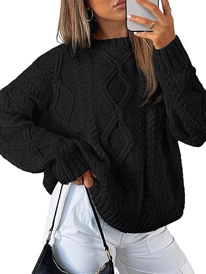 Trendy Queen Women's Oversized Cable Knit Crewneck Sweaters (Large, Cream)