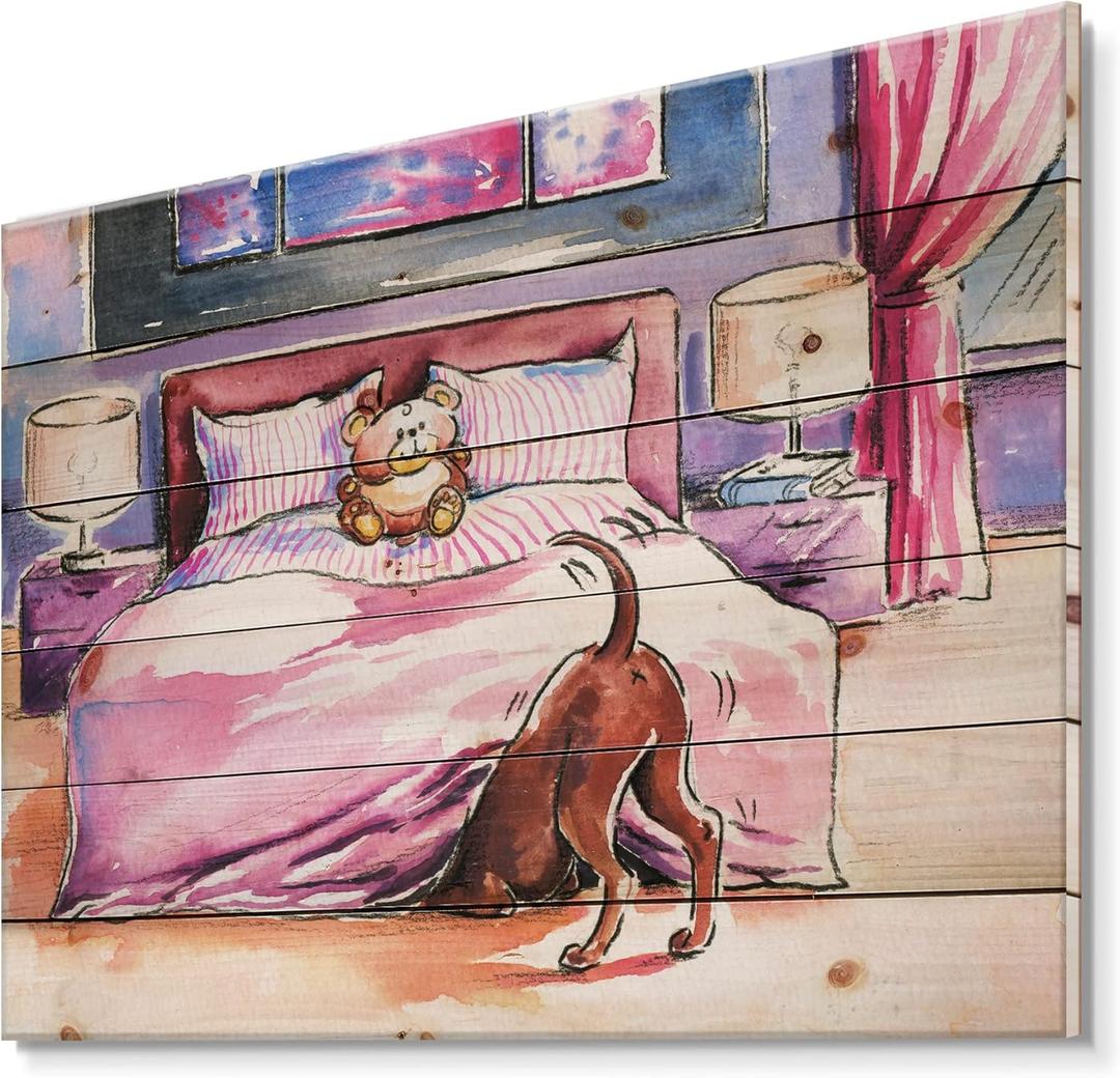 Brown Dog Looking Under the Bed - Farmhouse Print on Natural Pine Wood,Pink (30L" x 40W")