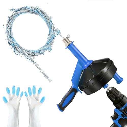 Drain Auger, Clog Remover with Drill Adapter, 25 Feet Flexible Plumbing Snake Use Manually or Powered for Kitchen, Bathroom and Shower Sink, Comes with Gloves (Blue)
