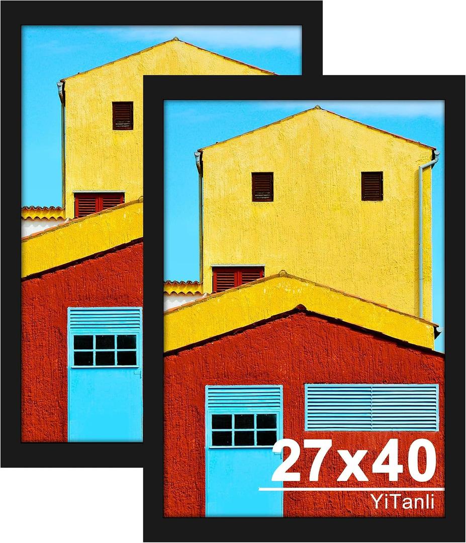 27x40 Inch Poster Frame 2 Pack, Engineered Wood Black Large Picture Frame for 27 x 40 in Photos, Movie Posters & Art Prints, 27 x 40 Poster Frame Horizontal or Vertical Wall Mounting