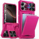 SSLOTSCASE for iPhone 16 Pro Case with Card Holder & Camera Stand & Kickstand & Slide Camera Lens Cover, Multifunctional Wallet Rugged Protective Phone Case Cover for iPhone 16 Pro 6.3'' 5G 2024, Pink