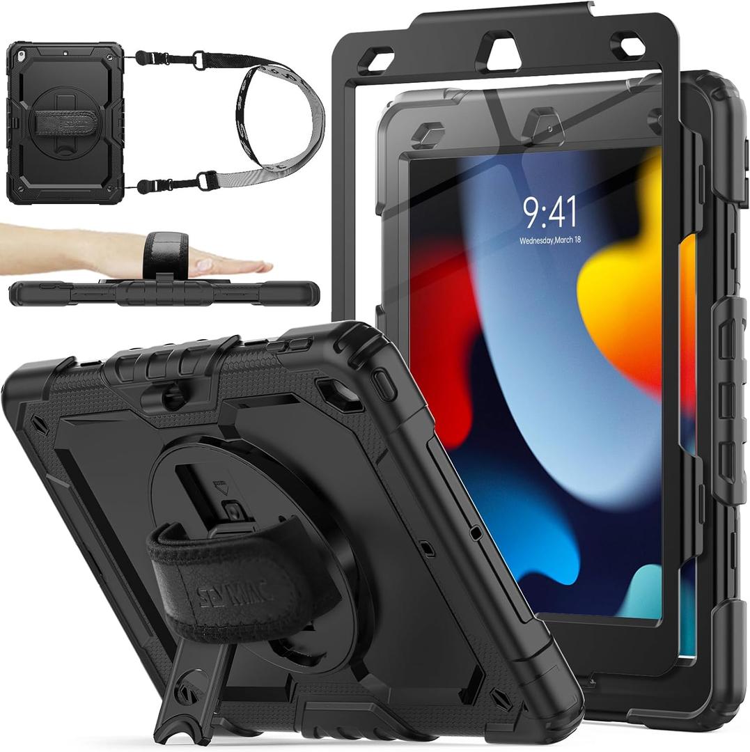 SEYMAC stock Case for iPad 9th/ 8th/ 7th Generation 10.2'', Shockproof with Screen Protector, Pencil Holder [360 Rotating Hand Strap] & Stand, for iPad 10.2 inch 2021-2019 (Black)