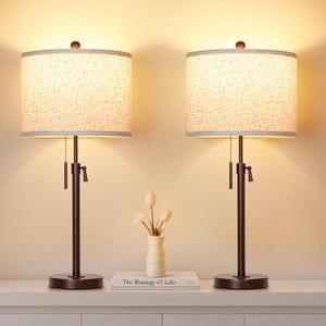 Table Lamps for Bedrooms Set of 2, 22" to 30" Height Adjustable Nightstand Lamps with Linen Shade, Pull Chain Switch Lamps for Living Room, 3 Way Dimmable Beside Lamp (Brown)