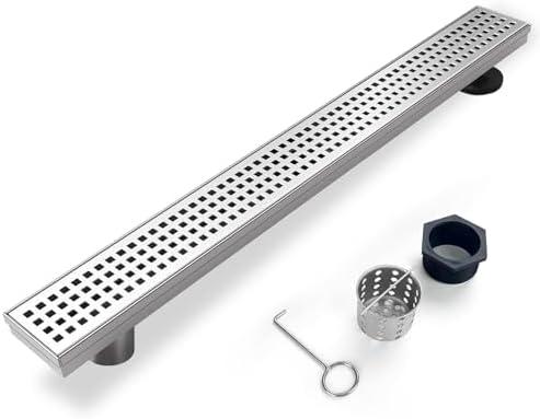Elefloom Offset Linear Shower Drain, Shower Drain 60 inch with Removable Grate Cover, Professional AISI 304 Stainless Steel Side Outlet Shower Floor Drain with Hair Catcher and Leveling Feet