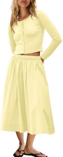 Panadila Womens 2 Piece Lounge Sets Matching Vacation Outfits Ribbed Button Down Cardigan and Elastic Waist Skirt Sets, XL