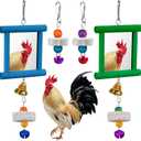 Sumind 2 Pieces Chicken Mirror Toys Hanging Swing Mirror with Bell Wooden Pecking Toy and 4 Pieces Beak Grinding Molar Stones for Hens Birds Parrots(Blue,Green)