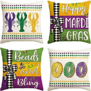 AVOIN colorlife Happy Mardi Gras Beads and Bling Crawfish Smoothie Throw Pillow Covers, 18 x 18 Inch Checked Bow Stripes Holiday Cushion Case Decoration for Sofa Couch Set of 4 (18" x 18" (Pack of 4))