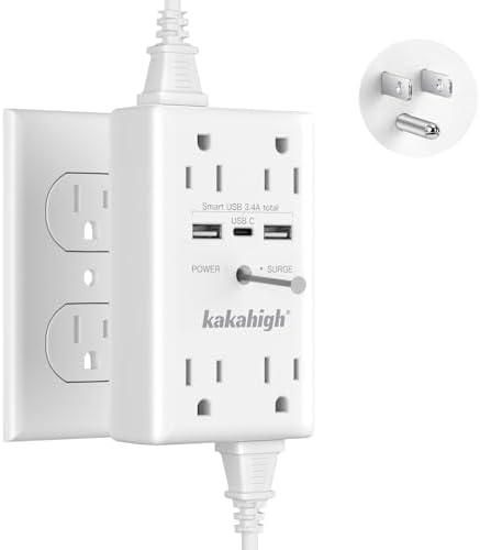 Wall Outlet Extender with Screw, 8 Way Outlets with 1680J Surge Protected, Multi Plug Wall Outlet with USB Ports, LED Indicator, 1875W Wall Mounted Surge Protectors for Dorm Room Office Kitchen