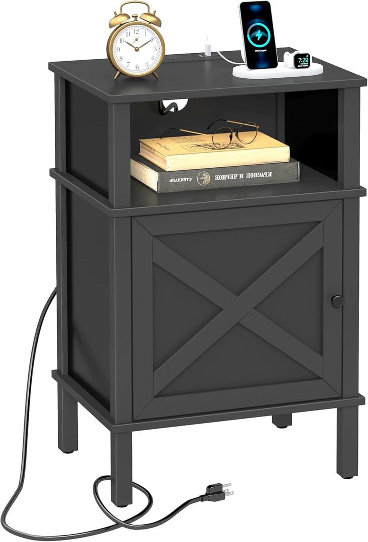 CIILAAILE Nightstand with Charging Station, Farmhouse Nightstand, end Table with 2 Tiers Storage Space and Storage Cabinet, Sofa Side Tables for Bedroom, Living Room BZ0601BKE (Black)