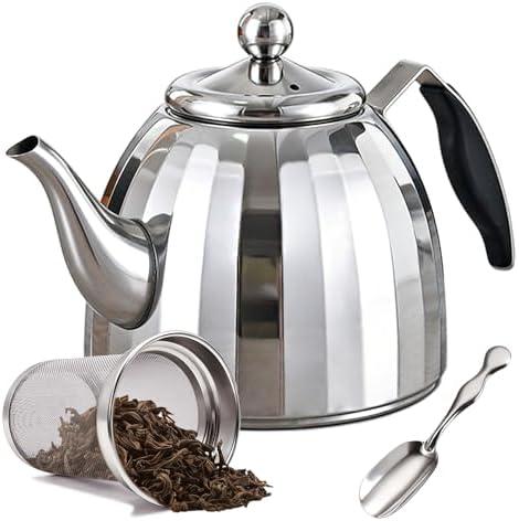 Teaknowbest Stainless Steel Tea Pot with Removable Infuser - Loose Leaf Tea Maker, Home & Kitchen Teapot - Large 67.6 oz, Stovetop Safe Teapot for Tea/Coffee, Mirror Finish (2000ml)