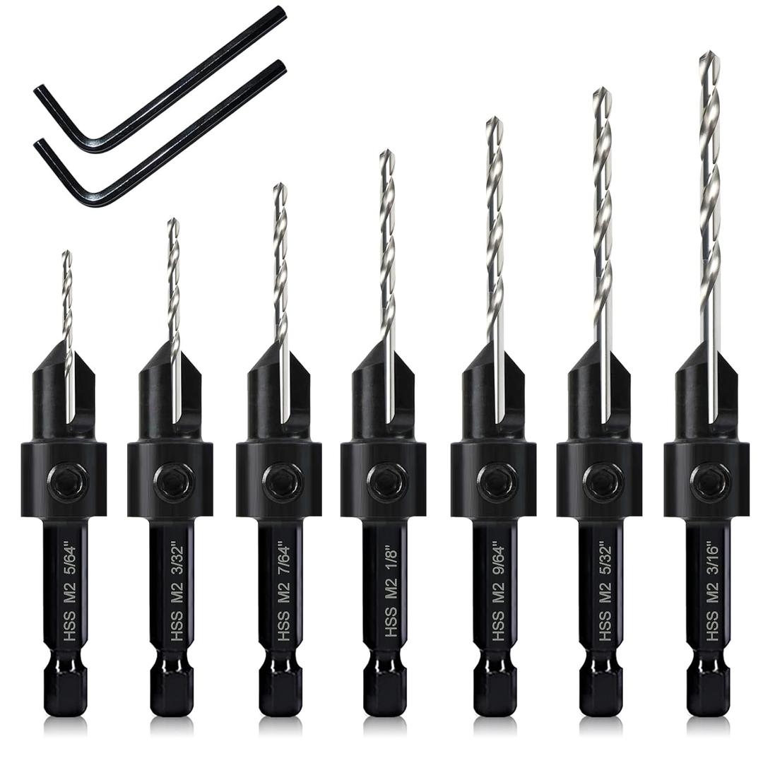 7 Pack Countersink Drill Bits Set, Wood Drill Countersink Counterbore 3in1, Three 82-Degree Chamfer Cutters, M2 Counterbore Cutting Depth Adjustable, with 2 Allen Wrenches and 1/4 Hex Shank