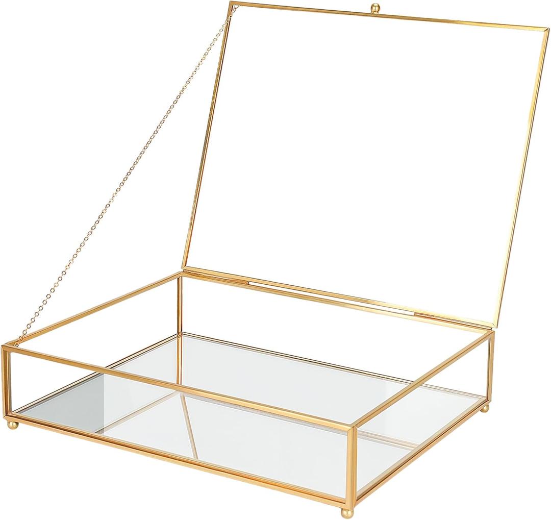 Large Glass Boxes for Display Handmade, Mirrored Bottom, Glass Jewelry Trinket Box with Lid, for Book, Photo, Keepsake Organizer, Display Case for Vanity Decor Home Dresser, Gold (Low: 10.4"L  8.5"W  2.6"H)