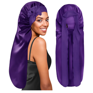 BONNET QUEEN Extra Long Braid Bonnet for Sleeping Silky Satin Foldable Weave Locs Curly Wigs Extensions Hair Tie Band Large 30" Purple