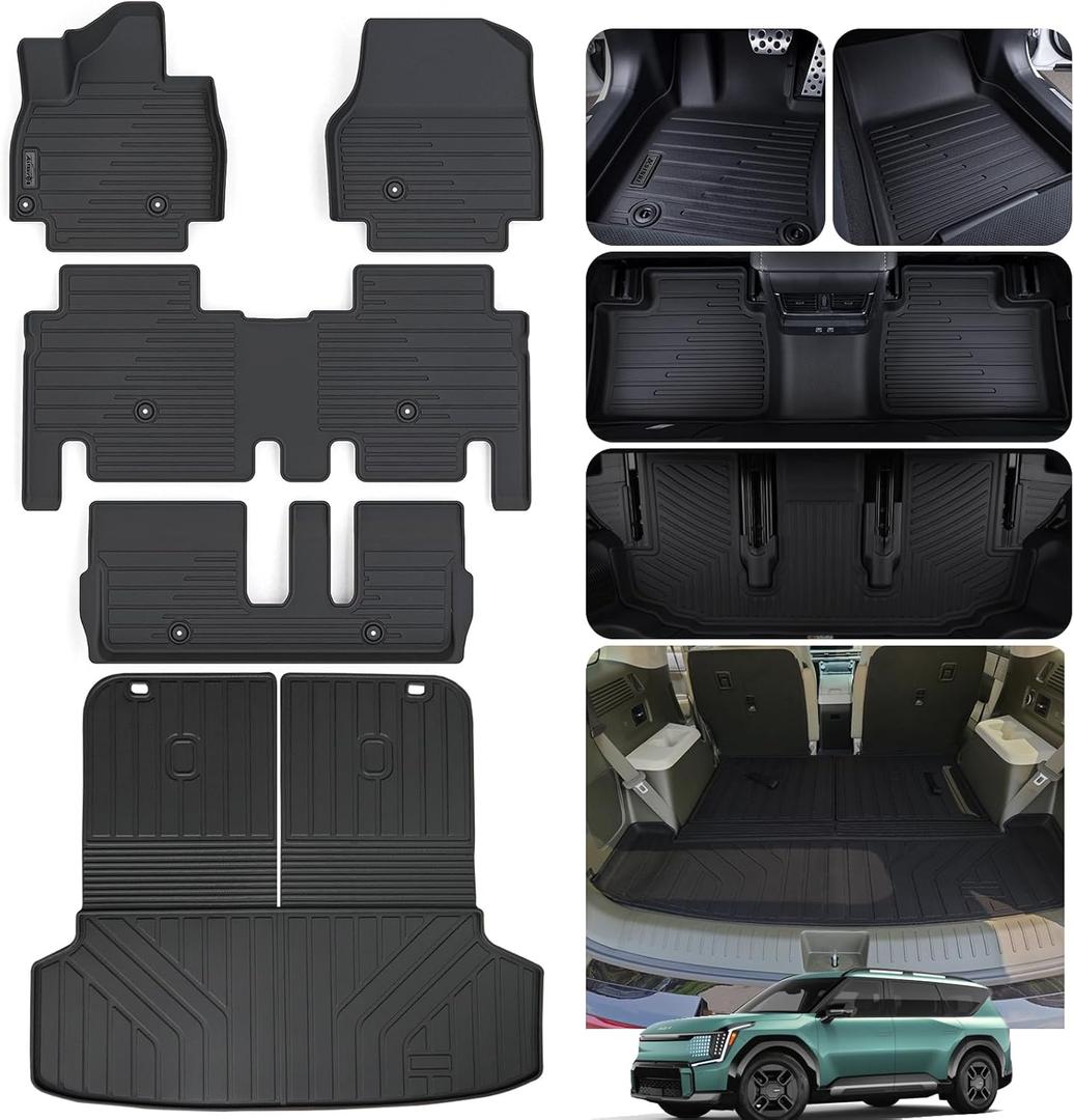 Floor Mats & Trunk Mat with Backrest Protection for 2024 2025 KIA EV9 7-Seats (2 Row Bench Seat)Non 6-Seats Version, TPE All Weather Protection 3 Rows Car Floor Liners with Cargo Liners