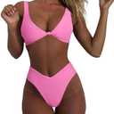 geluboao Bikini Set for Women Solid V Neck Knot Front Push Up High Leg Thong Two Piece Swimsuit, Size Small