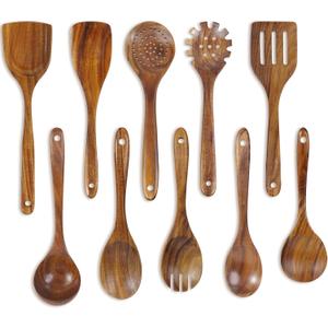 FJNATINH 10 PCS Wooden Spoons for Cooking - Teak Wooden Kitchen Utensil Set - Cooking Mixing Baking - Non-stick Healthy Kitchen Cookware Gifts for Women Housewarming Gifts