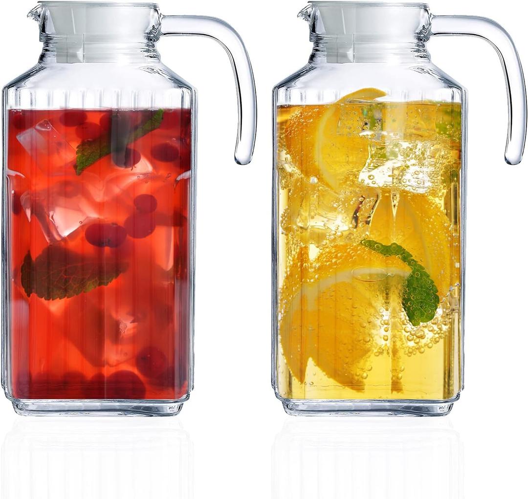 Glass Pitcher with Lid  Set of 2 Glass Water Pitcher 55Oz  Cold Carafe for Ice Tea, Water, Lemonade, Coffee  Elegant and Modern  Practical Spout Pitchers for Drinks (55oz)