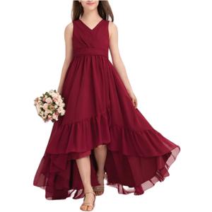 Junior Bridesmaid Dress Long Wedding Flower Girl Dress for Teen Party Pageant Gowns Chiffon (Red, 16)