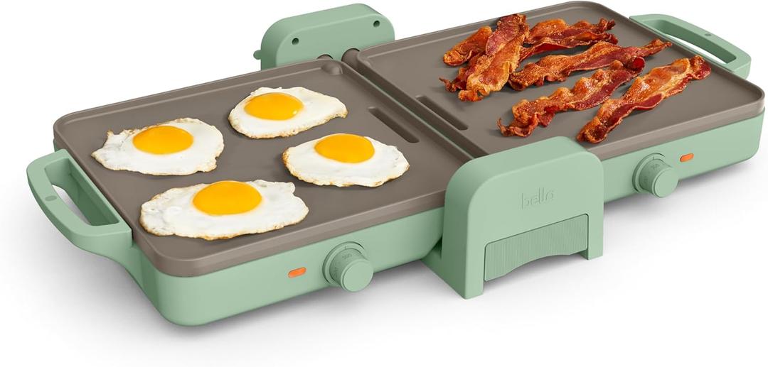 Bella 10"x 20" Ceramic Fold-n-Store Dual Temp Griddle, Fits-anywhere Kitchenware, EverGood Ceramic Nonstick Coating, 2 Temperature Zones up to 400F, Dishwasher Safe Drip Tray, 1500 Watt, Seaglass