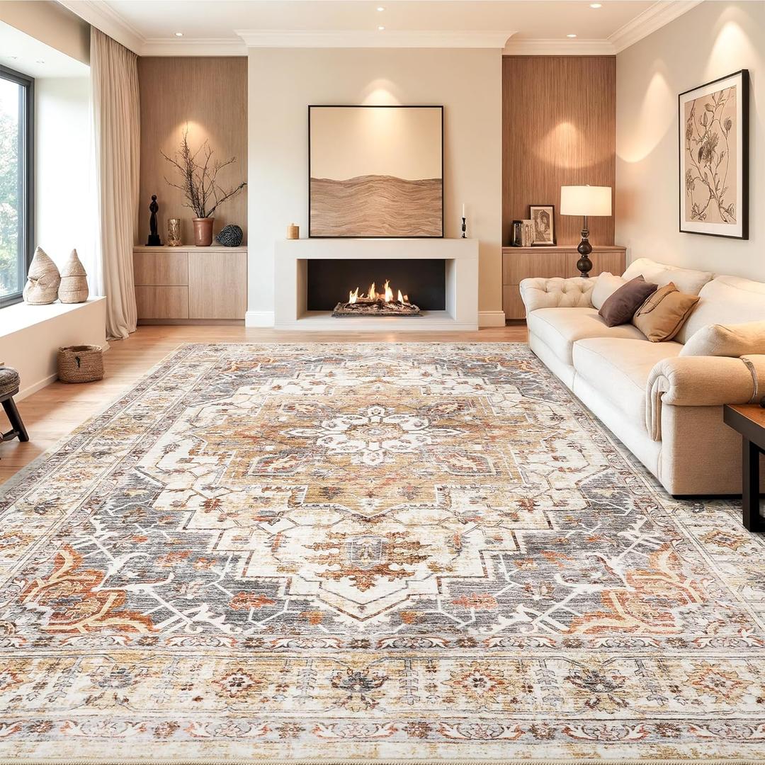 9x12 Area Rugs for Living Room,Ultra-Thin Washable Rug, Non-Slip Lightweight Foldable Area Rug, Stain Resistant Vintage Large Rugs(Turmeric/Grey, 9'x12')