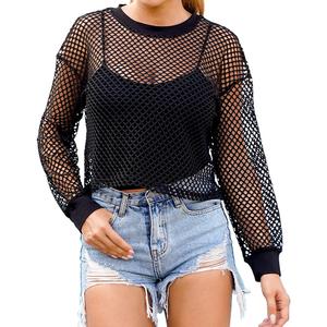 CLOZOZ Women's Mesh Crop Top See Through Fishnet Shirt Long Sleeve Crew Neck Sheer Cover Up