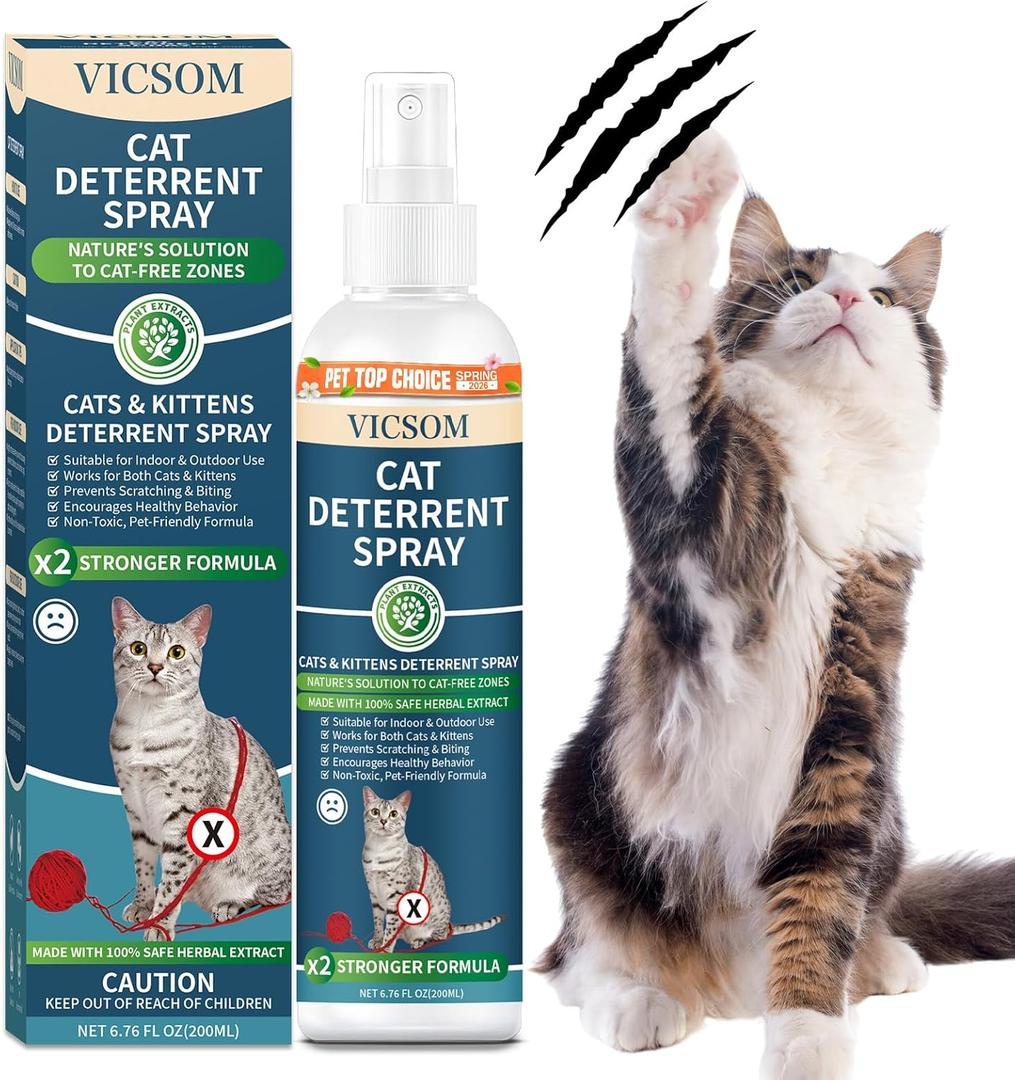 VICSOM Cat Deterrent Spray, Natural Cat Repellent Spray, Cat Scratch Deterrent for Furniture, Sofas, Rugs, Curtains, Plants, Indoor & Outdoor Keep Cats Kittens Away, No Alcohol & Trace 6.76 FL Oz
