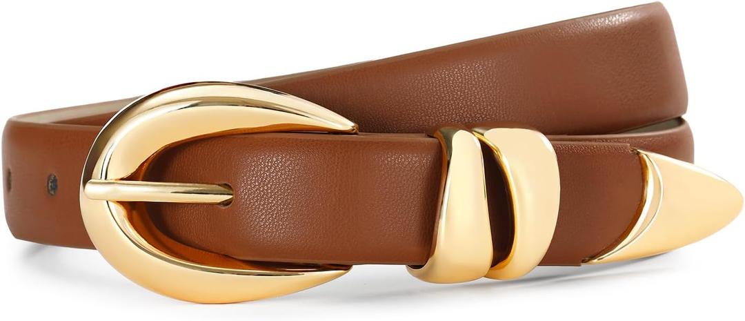Belts for Women with Gold Buckle  Adjustable Black leather Belt for Jeans, Dress, Pants (M: Fit Waist Size 32"-36", Brown)