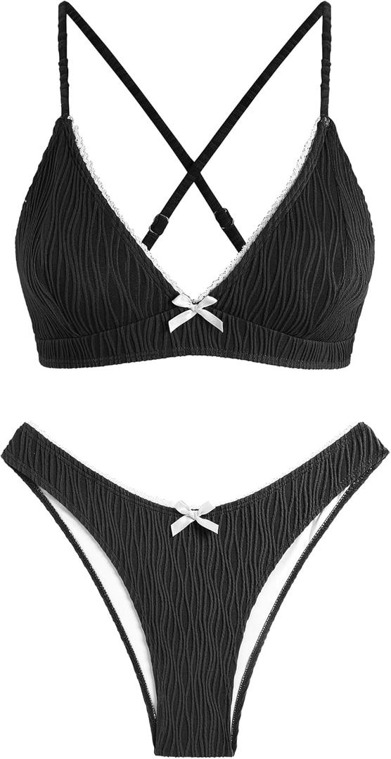 ZAFUL Women's V Neck Bikini Set High Waisted Swimsuits Lace Up Bow Decor Cheeky Two Piece Bathing Suit (S)