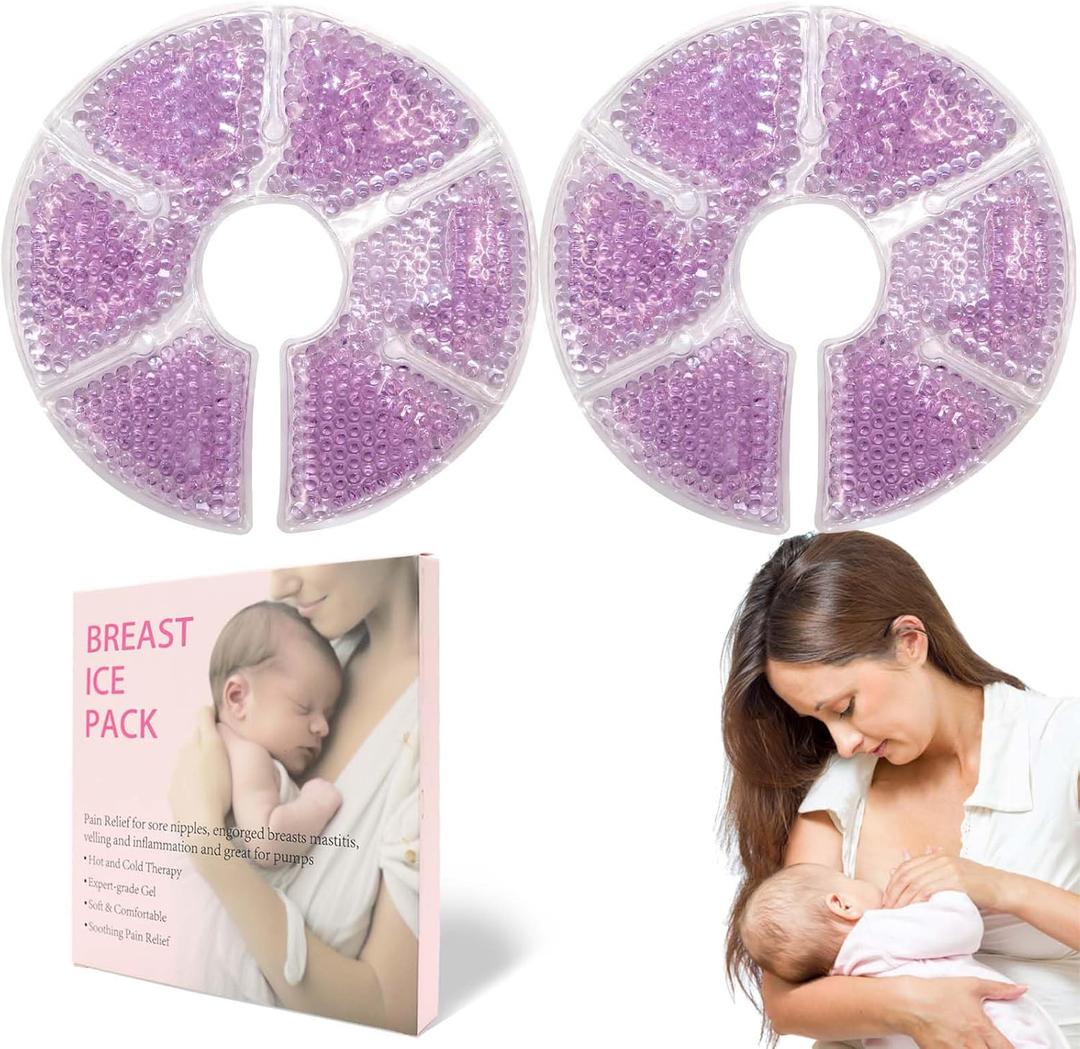 Breast Therapy Ice Packs, Hot and Cold Breast Pads, Breastfeeding Essentials Large Gel Bead Packs for Moms, 4 Pack (Purple, M)