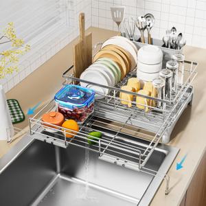 Laveshop Dish Drying Rack, 304 Stainless Steel Expandable Dish Drainer for Kitchen Counter, Space-Saving with Utensil Holder, Gray